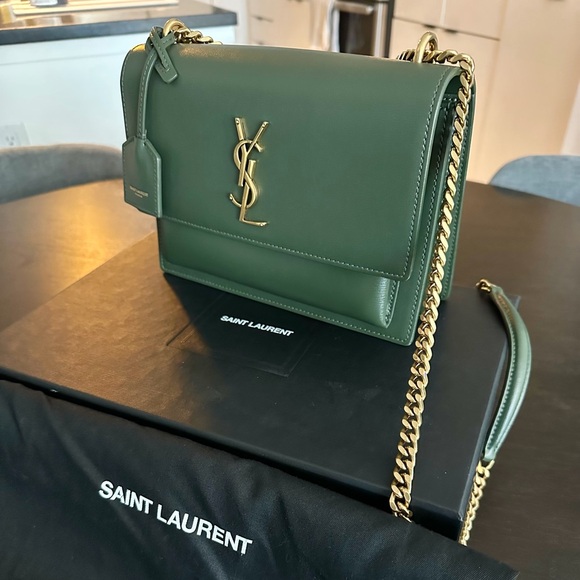 Saint Laurent | YSL Sunset Crossbody Bag in Olive Green with Gold Hardware - Picture 4 of 10